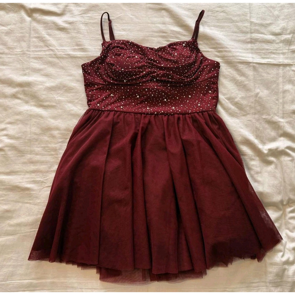 City Studio JUNIORS Wine Red Pearls Embellished Glitter Tulle Dress Sz 9 / 10 - Picture 3 of 14